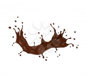 Chocolate milk, coffee and cocoa splash swirl with drops, realistic vector. Chocolate or coco cream drink and liquid flow wave, cacao or milkshake syrup and sweet chocolate food pouring wave splash