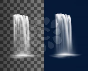 Waterfall cascade, realistic water fall isolated on vector transparent background. Waterfall cascade from river stream, pouring and flowing spring water falling with splashes, natural pure