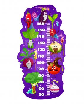Kids height chart cartoon magicians wizards. Gowth meter ruler vector scale with vegetable sorcerers, funny tomato and garlic characters, eggplant, radish or broccoli, spinach personages wall sticker