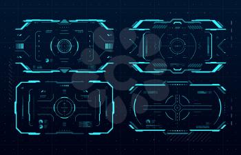 HUD aim control frame interface, futuristic target vector screen ui of Sci Fi game. Hologram dashboard panels with digital target crosshairs and neon viewfinder frame borders, vr head up display