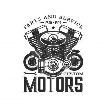 Custom motors service icon with engine and wheel, vector symbol. Motorcycle racing sport and car rally spare parts, vehicle mechanic service or bikes custom motors garage sign with wrench