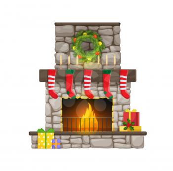 Stone Christmas fireplace, fire and chimney with vector Xmas gifts, stockings and candles, present boxes, Christmas tree wreath and balls. Xmas winter holiday home decoration and interior design