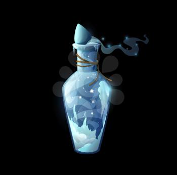 Potion bottle with ice and frost, vector magic spell or elixir clogged in glass flask with snowflakes and crystals. Cartoon design element for magic game. Witch freezing poison, alchemy ui object