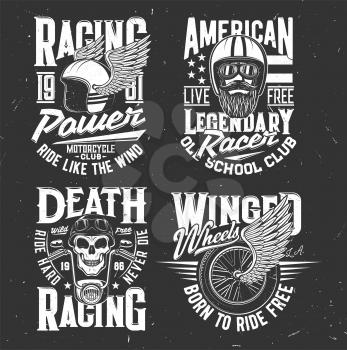 Rally or racing club and motorsport championship apparel design, vector t-shirt print mockup. Racer, roadster with fire and car wheel with checkered flag race symbols, racing vehicles