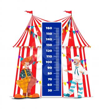 Shapito circus kids height chart, growth measure meter with clowns. Cartoon vector wall ruler with big top artists in bright costumes at striped tent with flag garlands, baby height measurement scale