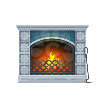 Home interior fireplace with burning fire. Vector traditional indoors chimney of decorative tiling with fire iron and grate. Vintage fireside heating system isolated on white background