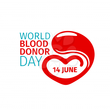 World blood donor day icon, red blood drop and heart vector emblem for donation solidarity, fourteen june holiday celebration. Hematology transfusion medicine, medical healthcare design element, sign