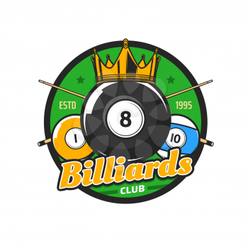 Billiards and pool club icon with black eight-ball, crossed cue sticks and golden crown. Pool billiard competition or championship, cue sports tournament vector emblem, retro badge or sticker