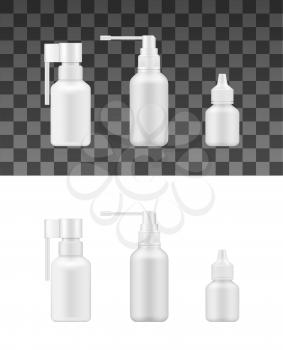 Nasal spray realistic bottles of nose medicines, vector mockup of medical packaging. White plastic containers with spray nozzle, pump and tube sprayers, isolated 3d objects of pharmaceutical packages