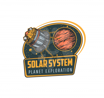Space exploration icon or sticker. Solar system planers research, outer space explore vector vintage emblem or retro icon with artificial satellite, space telescope or orbital station and Mars planet
