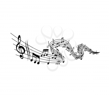 Melody wave with music notes, isolated vector swirl of musical notation staff, treble clef, notes and bar lines. Sound, song or tune sheet music, classic concert, jazz festival or disco party