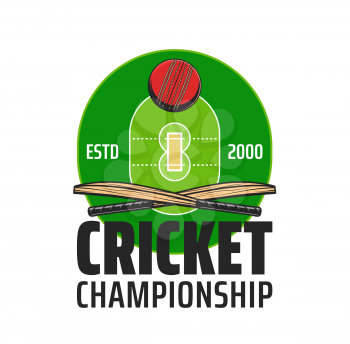 Cricket championship icon with game items and field. Cricket game competition, sport tournament vector badge, label or retro icon with crossed bats, stadium playing pitch and red ball