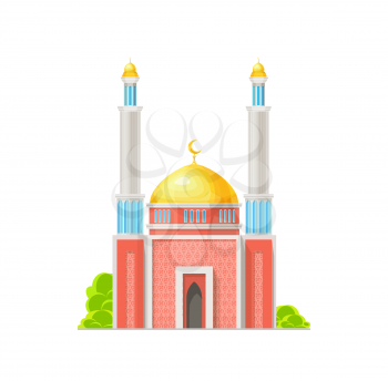 Muslim mosque building isolated vector icon of Islam religion architecture, muslim prayer house. Arab church, temple or masjid, gold domes, crescent moon and minaret towers with islamic ornaments