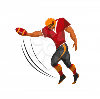 American football quarterback player hitting ball. Gridiron football player, athlete vector character in protective helmet and uniform throwing or kicking ball, making pass, shooting goal