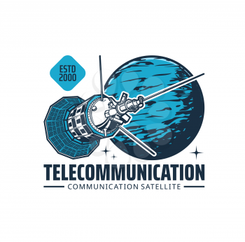 Telecommunication satellite isolated vector icon of communication technology. Space orbit artificial satellite with antennas, planet and stars, broadcast, gps tracking, internet and television themes