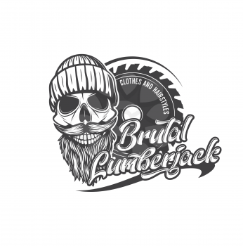 Brutal lumberjack skull with beard icon, woodwork saw signs. Vector lumber jack skull with mustaches in hat hipster icon for clothes shop or hairstyle barbershop salon, woodwork industry