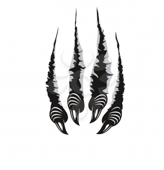Monster claw marks, scratches of dragon fingers with long nails tears through paper or wall surface. Vector wild animal rips, paw sherds, beast break, four talons traces isolated on white background