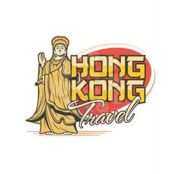 Goddess A Ma, Hong Kong travel icon. China Hong Kong city journey, asian country landmarks tour vintage vector emblem or icon with typography and Mazu, A Ma or Tin Hau sea goddess statue