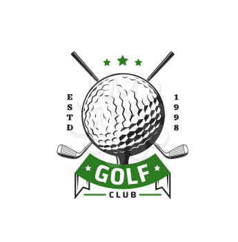 Golf sport icon, golfer club championship emblem, sport and recreation. Golf club tournament cup or team vector emblem with golf ball and crossed stick bats on green tee course