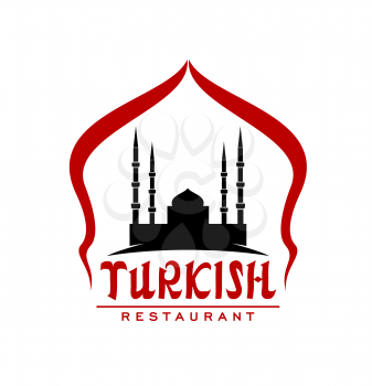 Turkish restaurant icon, Turkey cuisine foo and Istanbul cafe vector sign with mosque silhouette. Turkish Muslim and halal cuisine restaurant emblem for doner kebab or baklava pastry menu
