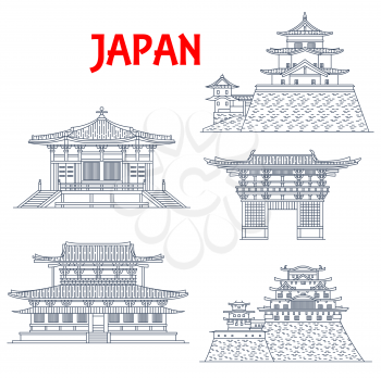 Japan landmarks icons, temples, pagodas and Japanese gates in Osaka, vector architecture buildings. Shitenno-ji Buddhist temple, Iga Ueno or Hakuho and White Heron or Himeji castle, Japan travel