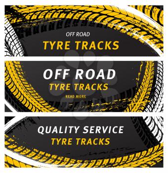 Off road tyre tracks vector black grunge tire prints for automobile service. . Rally, motocross dirty tires pattern, offroad grungy textured trails and typography. Vehicle skid design banners set
