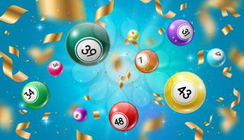 Lottery balls 3d vector bingo, lotto or keno gambling games colourful spheres with lucky numbers of winning combination falling with gold confetti. Gaming leisure activity recreation, lottery raffle
