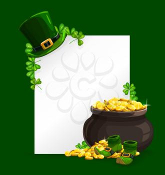 St. Patricks Day vector poster with leprechaun hat, pot with gold and clover leaves, lucky shamrock, golden coins and treasure cauldron. Irish holiday of St. Patrick, Spring Festival greeting card