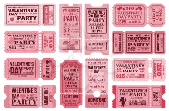Valentines day tickets templates set. Vector retro coupons for Valentine party access with holiday symbols hearts, arrows, cupid with bow and separation line. Vintage cards for 14 february event