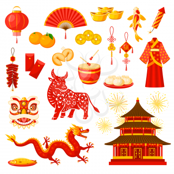 Chinese New Year holiday celebration symbols set. Lucky and wealth amulets, fireworks, clothing and meals, Chinese zodiac calendar bull or ox animal, dragon and temple building vector icons