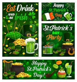 Happy Saint Patrick day, Celtic holiday celebration shamrock clover leaf posters. Vector Eat, Drink and be Irish quote, leprechaun gold coins cauldron, bagpipes and hat, golden horseshoe luck and harp