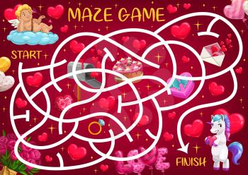 Saint Valentine day maze for kids with cupid, unicorn and romantic gifts. Child educational playing activity, labyrinth game. Cherub on cloud, love letter and cake, balloon, golden ring cartoon vector
