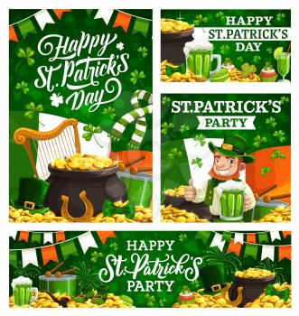 Smiling leprechaun showing ok sign, greetings on St. Patricks day. Vector Happy Saint Patricks holiday lettering, fest signs. Vector harp, treasures and drum, beer and flag of Ireland, lucky horseshoe