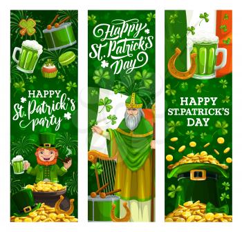 Saint Patrick day, Irish Celtic holiday celebration. Vector St Patrick man, leprechaun with green beer pint mug and gold coins in cauldron pot, fireworks and shamrock luck clover, drum and harp