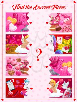 Children find correct pieces game with Saint Valentine day symbols. Kids puzzle game, playing activity with matching task. Holiday sweets, balloons and cupid, love magic potion, unicorn cartoon vector