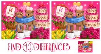 Valentine day children find ten differences puzzle game. Kids playing activity with search and compare task, preschooler child game. Bears toys couple, wedding cake and flowers bouquets cartoon vector