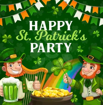 St Patricks Day Irish holiday party vector poster. Irishmen with leprechaun hats, clovers and green beer, gold pot, shamrock leaves, treasure cauldron and rainbow, Ireland flags and festival harp