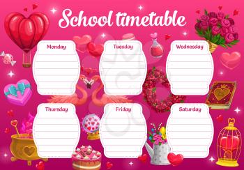 Saint Valentine day school timetable with romantic gifts and love potions. Child classes daily planner, holiday schedule template or kids week timetable. Flowers, flamingos and sweets cartoon vector