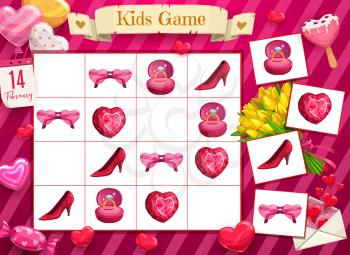 Saint Valentine day child rebus, logical game with love and romance symbols. Kids puzzle with math task, holiday playing activity. Pink glasses, engagement ring and gemstone heart, shoe cartoon vector