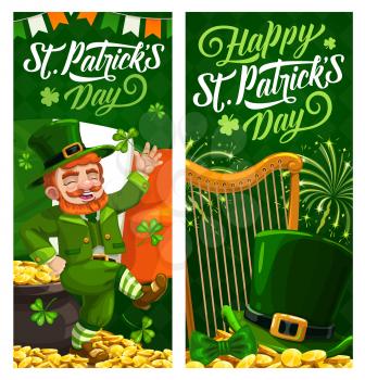 St. Patrick Day cartoon vector banners with leprechaun in green top hat dance on golden coins at national flag and harp with shamrocks and lettering. Saint Patricks traditional festival, celtic party