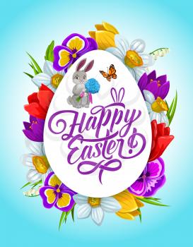 Easter holiday vector frame, flower wreath around of egg with bunny hold bouquet. Cartoon greeting card, frame made of spring blossoms. Happy Easter holidays postcard with cute rabbit and lettering