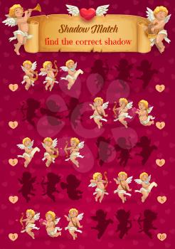 Saint Valentine day children shadow matching game with cupids. Child educational riddle with finding correct silhouette task, preschooler kid puzzle game. Cherub with bow, lyre and horn cartoon vector