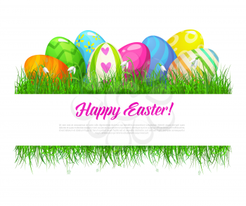 Easter grass frame with decorated eggs and spring flowers. Cartoon vector border or poster template with painted eggs lying on green grass blades field. Happy Easter holiday, hunt party invitation