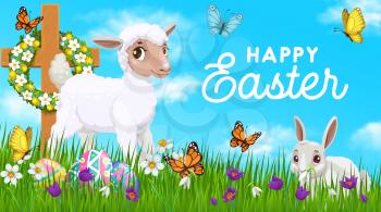 Happy Easter holiday vector poster with white rabbit and sheep. Greeting card with cute cartoon bunny and lamb, christian cross and eggs on green meadow with grass blades and flowers, Easter postcard