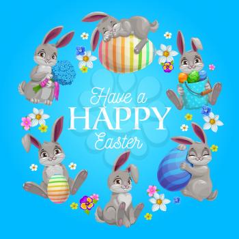 Happy Easter vector wreath with bunnies, flowers and decorated eggs. Cartoon greeting card, round frame of rabbits, pansy and narcissus blossoms. Easter holiday postcard with cute festive characters