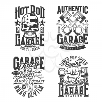 Car and motorcycle repair garage station t-shirt prints. Hot road auto, custom bikes repair shop and tuning atelier apparel vector prints with human skull, engine pistons and wrench in skeleton hand