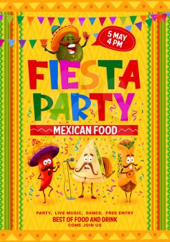Mexican fiesta party flyer, cartoon avocado, jalapeno, quesadilla and burrito musician characters. Vector invitation poster for celebration holiday event. Chili pepper and tex mex personages of mexico