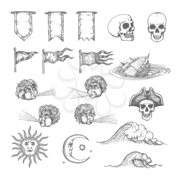 Vintage map sketch elements. Sun and moon, wind, tsunami and water wave, skull and pennant. Ancient cartography hand drawn vector decoration, sailing or treasure hunting map pirate skull, sinking ship