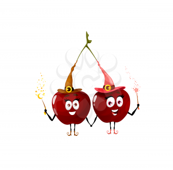 Fairy cherry twins, wizard berry and sorcerer fruits cartoon character, vector icon. Funny cute kids food, smiling cherries with magic wands and wizard hats making spell, fairy tale personage