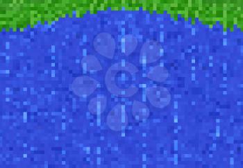 River water, lake or waterfall cascade cubic pixel game blocks pattern. Computer, eight-bit console or arcade game level environment design background, vector texture with water and grass